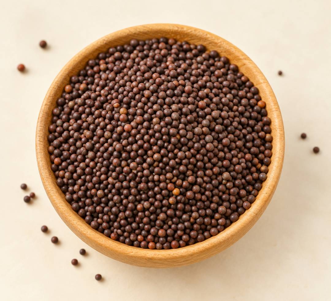Wooden bowl of mustard seeds